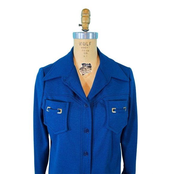 Vintage 70s Cobalt Blue Shirt Womens Large Bust Pockets Polyester Button Down To - Picture 4 of 10